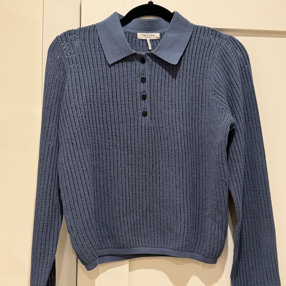 NWOT rag & bone Open Knit Long Sleeve Cobalt Blue Polo Women's Medium